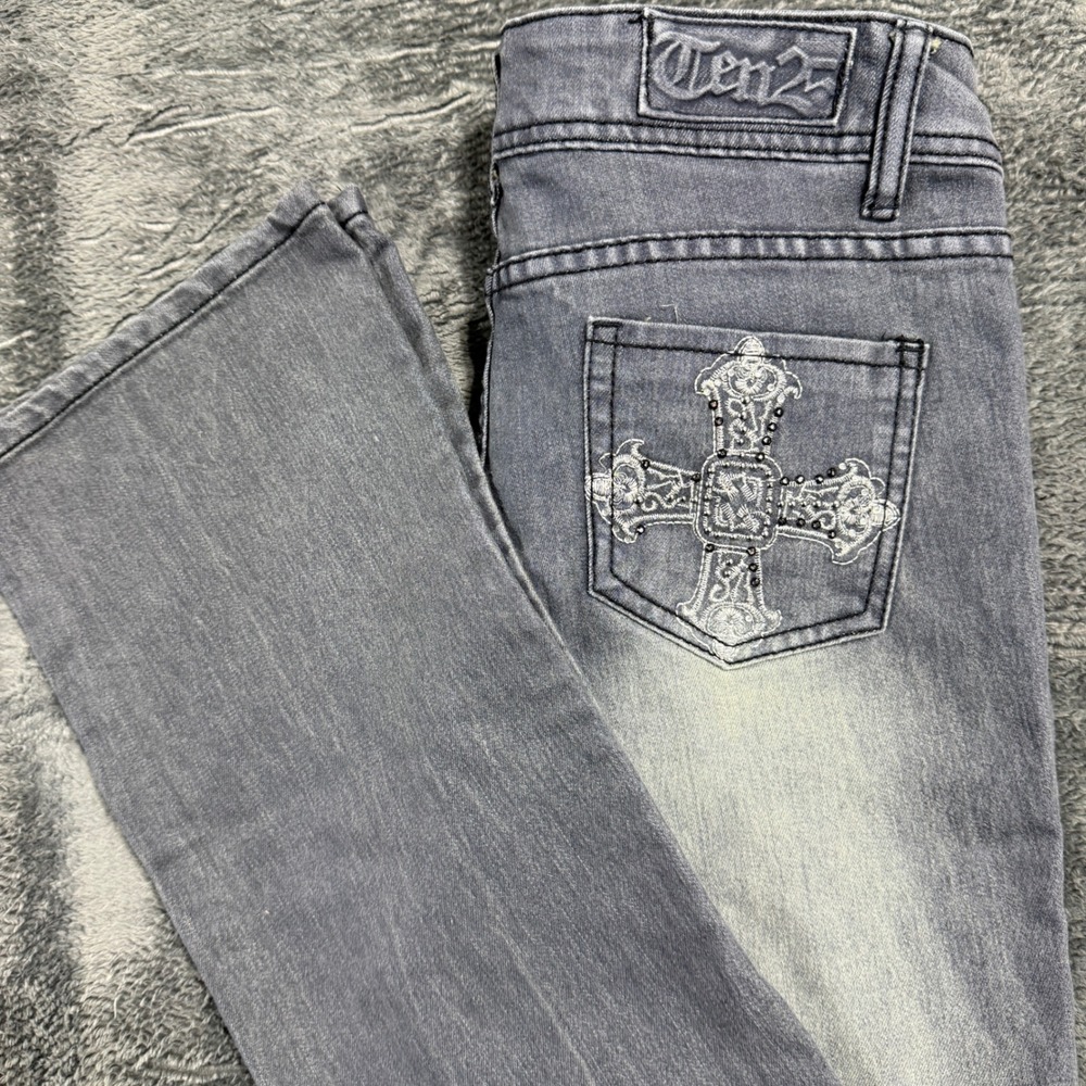 Ten25 Bootcut Jeans Womens 7/8 Grey Rhinestone Cross Embellished Y2K Low Rise‎